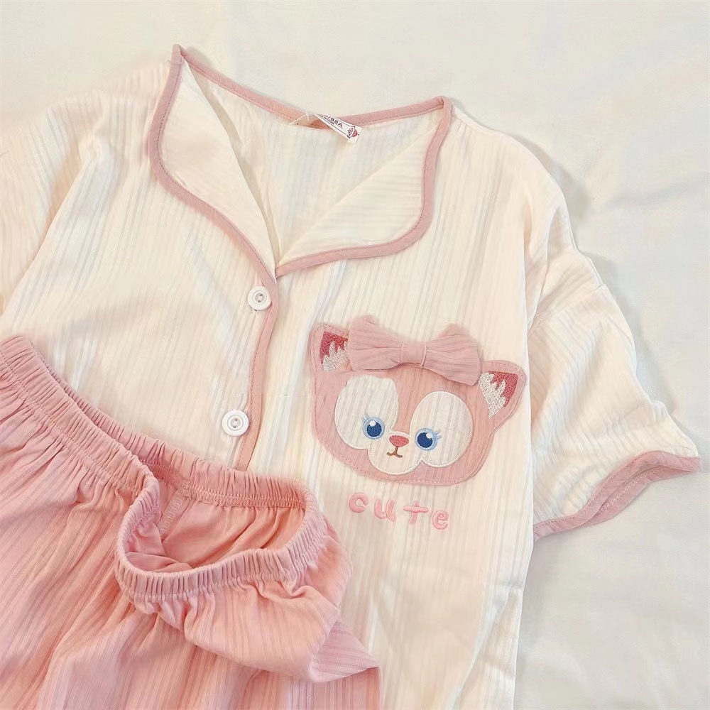 Bộ Đồ Ngủ Áo Cardigan Tay Ngắn Phối Quần Short Vải Cotton Kẻ Sọc Thêu Hình Cún Tai To Dễ Thương