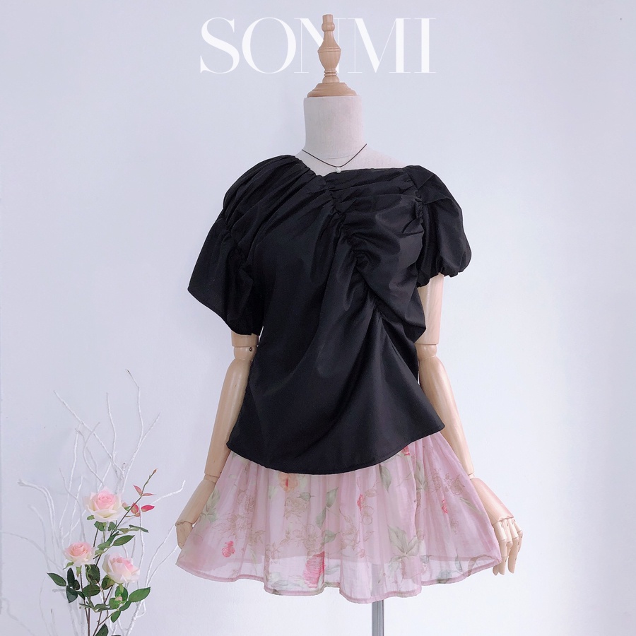 Áo Kiểu Blouse Tay Ngắn SONMI Nhún Bèo Lệch Vai LEMIZ CROP