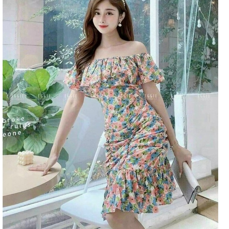 Đầm Nữ Dự Tiệc [ LiSa99 ] Đầm Lụa Hoa Nhí Trễ Vai Hoặc Phủ Vai Váy Đuôi Cá Xếp Ly Màu Xanh Dịu Dàng