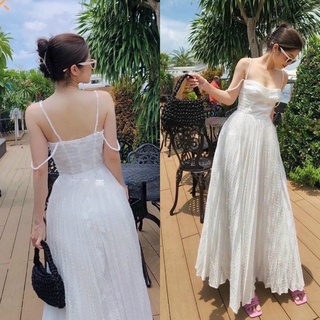 Hàng TK Maxi 2 dây ren dập xếp ly trắng cao cấp, đầm váy dài hot girl đi chơi/biển du lịch sang trọng quý phái chụp hình