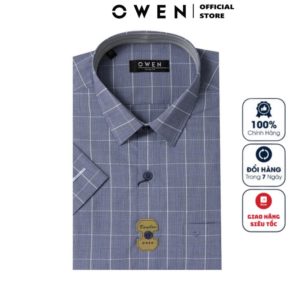 Áo Sơ Mi Nam Ngắn Tay OWEN BA220008NT Somi Công Sở Cao Cấp Màu Xanh Tím Caro Trắng Vải Sợi Tre Dáng Suông Tà Bằng Có Túi