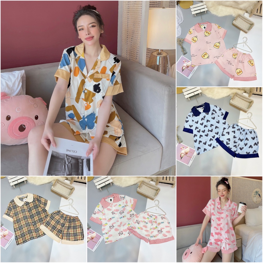  Đồ Ngủ💖Đồ Bộ Pijama Lụa Thiết Kế Áo Cộc-Quần Sooc Chất Liệu Satin