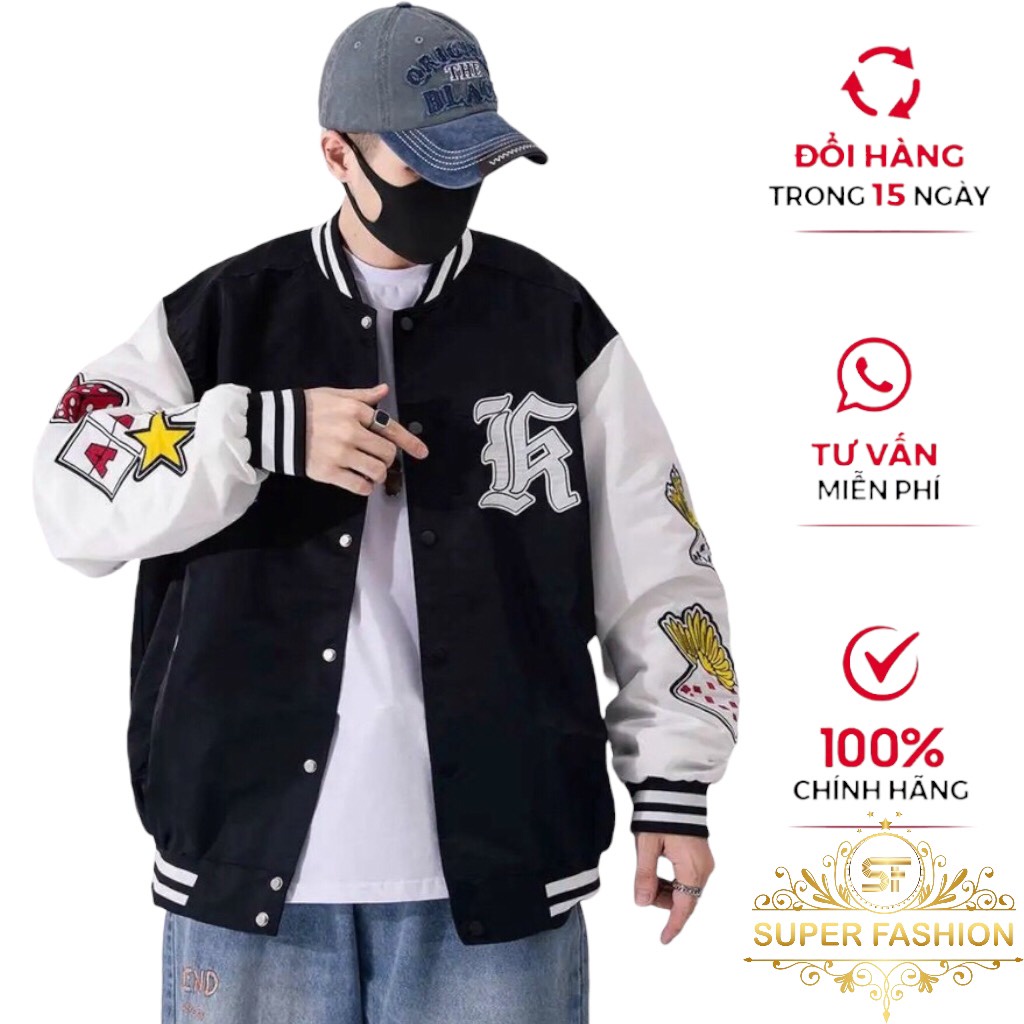 Áo Khoác Dù BomBer Nam Phối Cúc Bấm in Họa Tiết Lá Bài Trẻ Trung Thời Trang Super Fashion