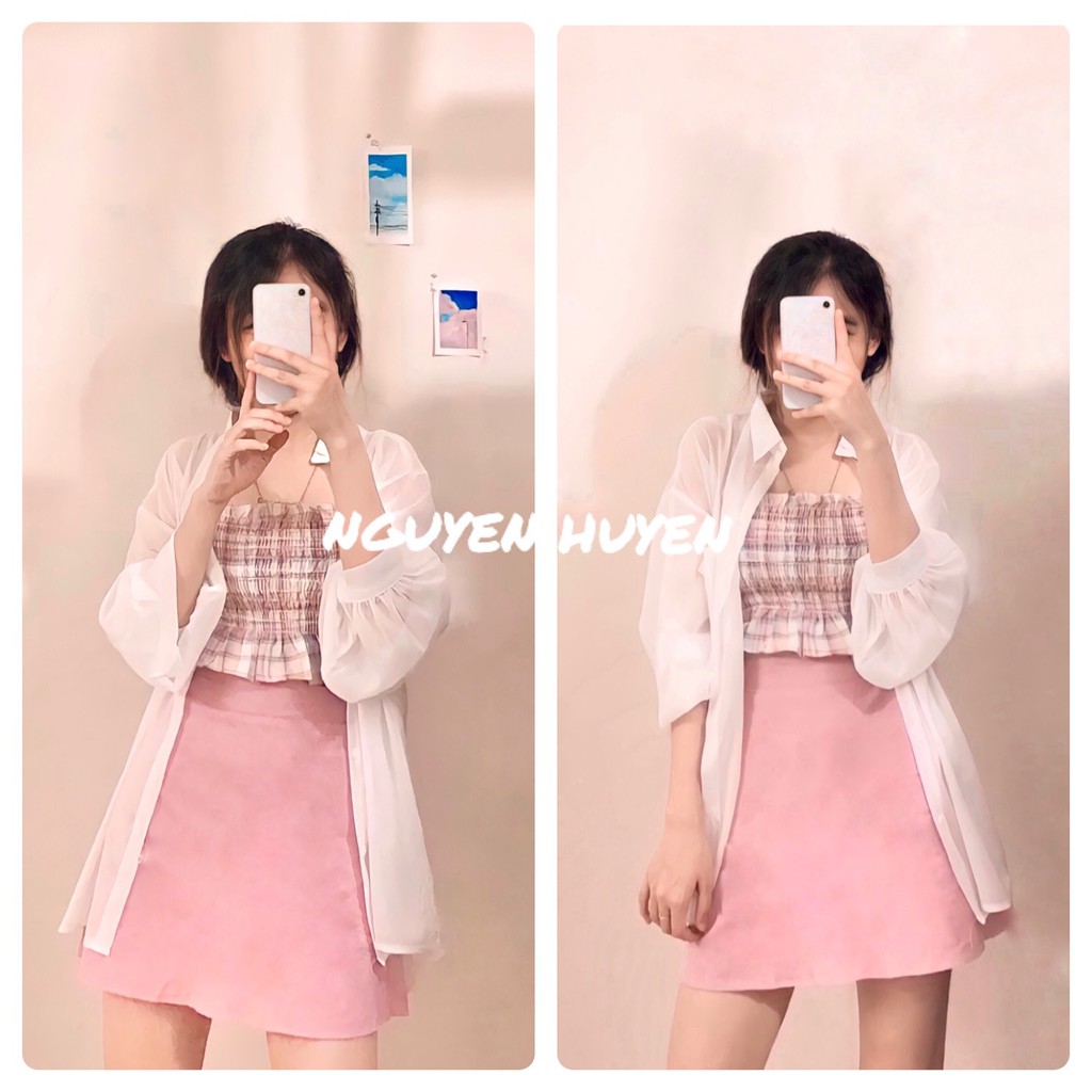 SET ÁO SƠ MI VOAN MỎNG KÈM ÁO 2 DÂY BO CHUN MIX CHÂN VÁY HỒNG ( HÀNG CÓ SẴN, CÓ BÁN LẺ SET)
