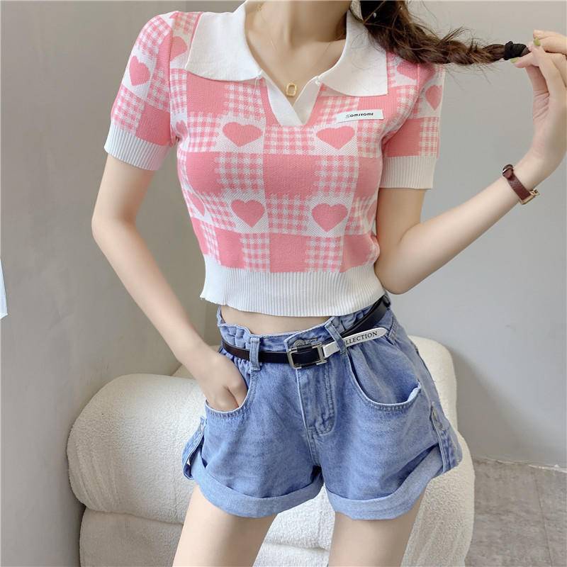 Áo Thun polo Ngắn Tay Dệt Kim Mỏng Ôm Dáng Họa Tiết Sọc Ca Rô Thời Trang Mùa Hè Cho Nữ