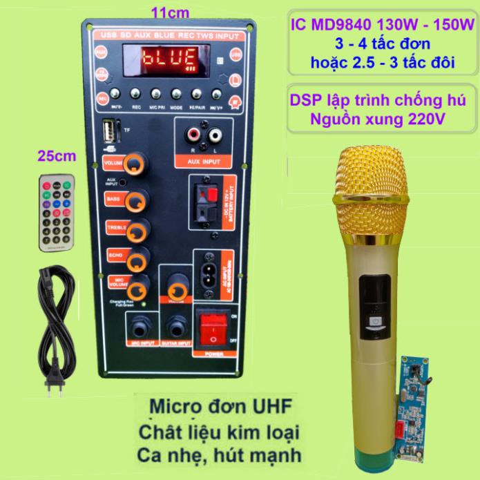 [Mã 155ELSALE giảm 7% đơn 300K] Mạch loa kéo IC MD9840 130W – 150W DSP lập trình chống hú, nguồn xung 220V kèm Micro