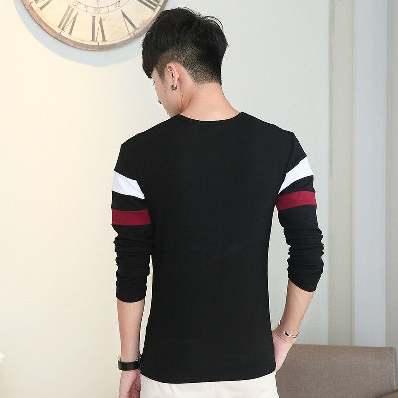 Áo thun nam tay dài cổ tròn đính nút chất thun cotton phối màu sọc ngang, mẫu áo thun nam ulzzang thời trang thu đông