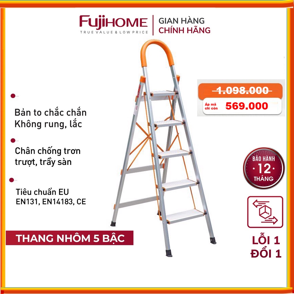 Thang ghế nhôm tay vịn gấp gọn chữ A bản to 3-4-5-6 bậc cao 1,2M-1,77M FUJIHOME,Thang xếp chữ A gia đình đa năng giá rẻ