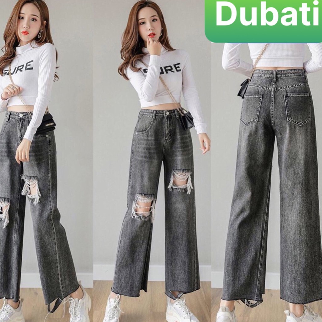QUẦN BAGGY JEAN NỮ CẠP RÁCH ỐNG SUÔNG RỘNG LOE LƯNG CAO NÂNG MÔNG CAO CẤP XÁM TRO 102 - DUBATI FASHION