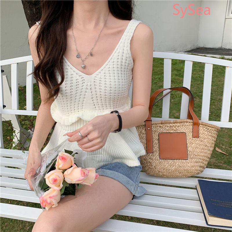 Áo Hai Dây Dệt Kim Màu Trơn Thời Trang Mùa Hè Cho Nữ