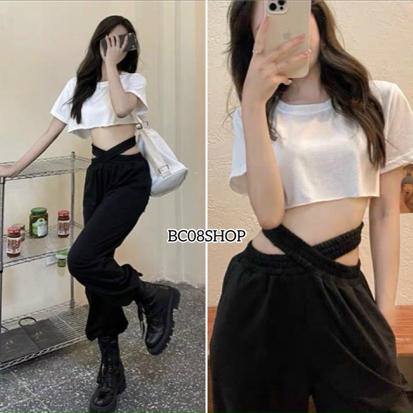 Quần Jogger Nữ Khoét Eo Sexy Năng Động Hách Dáng màu Đen BC088