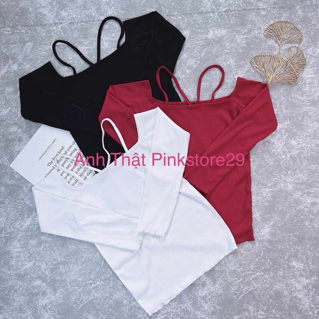 Áo Croptop Ôm Body Trễ Vai Tay Dài Phối Dây Treo Cổ Kiểu Yếm Rất Nữ Tính Nhẹ Nhàng Alohashop91