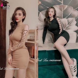 Đầm ôm body nữ phối tay đan dây xéo thun porip loại 1 mẫu mới siêu thời trang