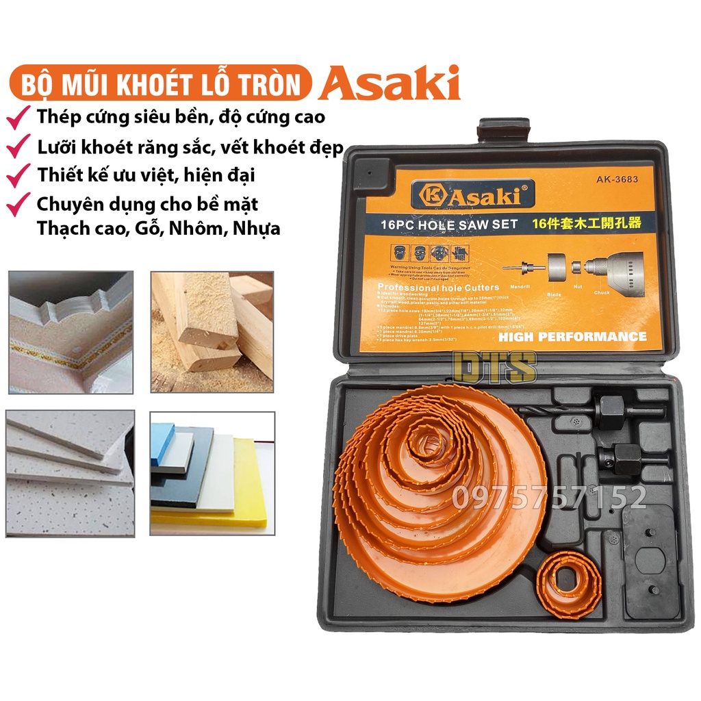 Bộ 12 mũi khoan khoét lỗ tròn thạch cao gỗ hãng Asaki AK-3683, bộ khoét lỗ trần thạch cao tạo lỗ loa, khoét nhựa hợp kim