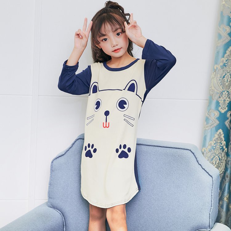 Đầm Ngủ Tay Dài In Hình Mèo Dễ Thương Cho Bé Gái