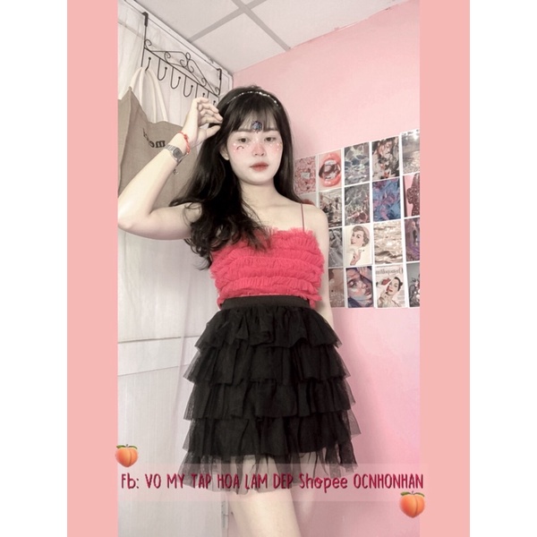 Set áo lưới phối chân váy tầng xoè