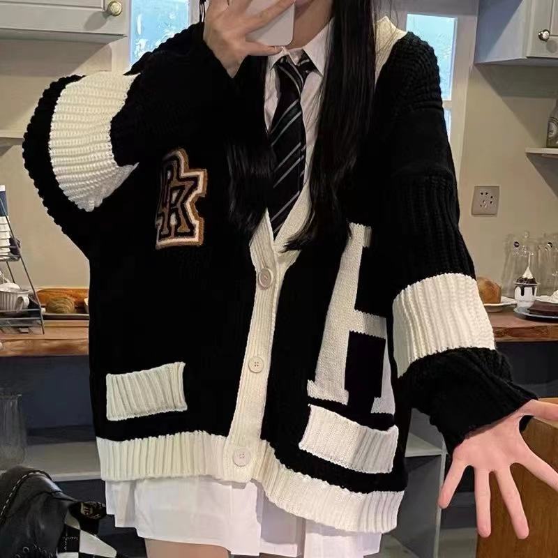 Áo Khoác Cardigan Dệt Kim Dáng Rộng Phong Cách Preppy Thời Trang Mùa Thu 2022 Mới