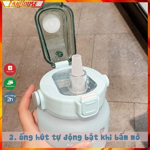 Bình nước 2 lít  có vạch chia nhắc giờ dành cho người lười uống nước, bình đựng nước thể thao 2L