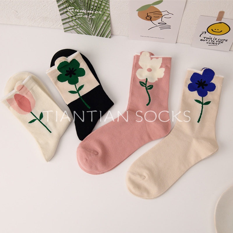 TIAN TIAN T184 Vớ nữ Cotton cao cổ Ba Chiều Mỏng Nhẹ In Họa Tiết Hoa Tulip Dễ Thương Thời Trang Xuân Hè Phong Cách Nhật Bản Cho Nữ