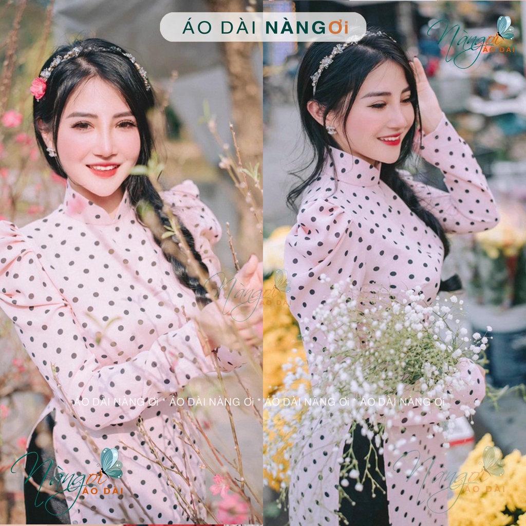 Áo dài chấm bi tay phồng - Áo dài truyền thống vai bồng lụa đẹp chụp hình xinh