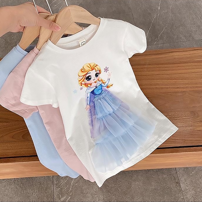 DISNEY Đầm Công Chúa Ngắn Tay Phối Lưới Xinh Xắn Dành Cho Bé Gái