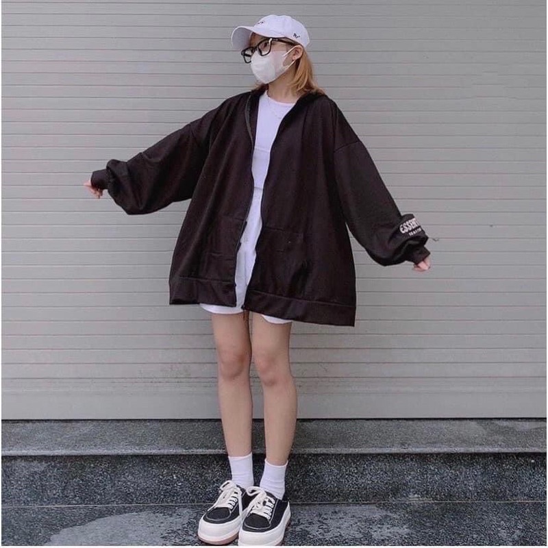 Áo KHOÁC Nỉ Khoá Hoodie In Chữ Lưng Tay ESSENTIALS Ulzzang Unisex Phong Cách Hàn Quốc