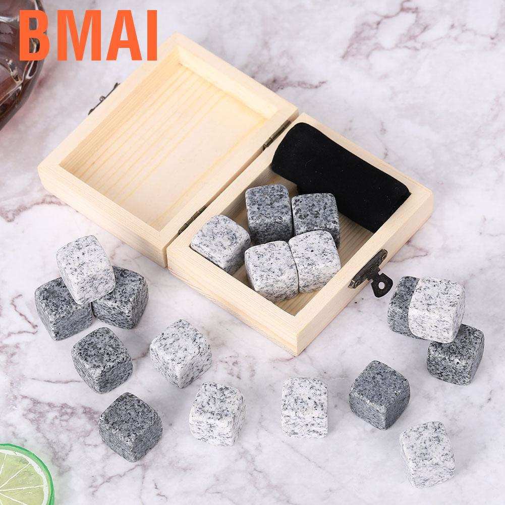 Bmai 9Pcs Whisky Wine Chilling Stones Set Bar Home Drink Chiller Rocks Wooden Box Packaging