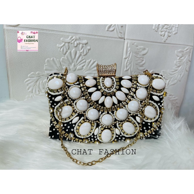 Cốp dự tiệc đính đá trắng to và hạt cườm  phong cách âu mỹ