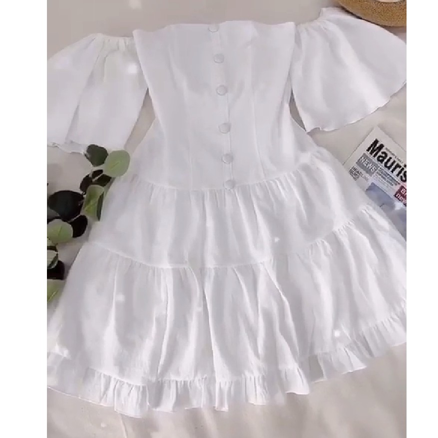 Đầm trễ vai nút bọc tay loe (có ảnh thật) | BigBuy360 - bigbuy360.vn