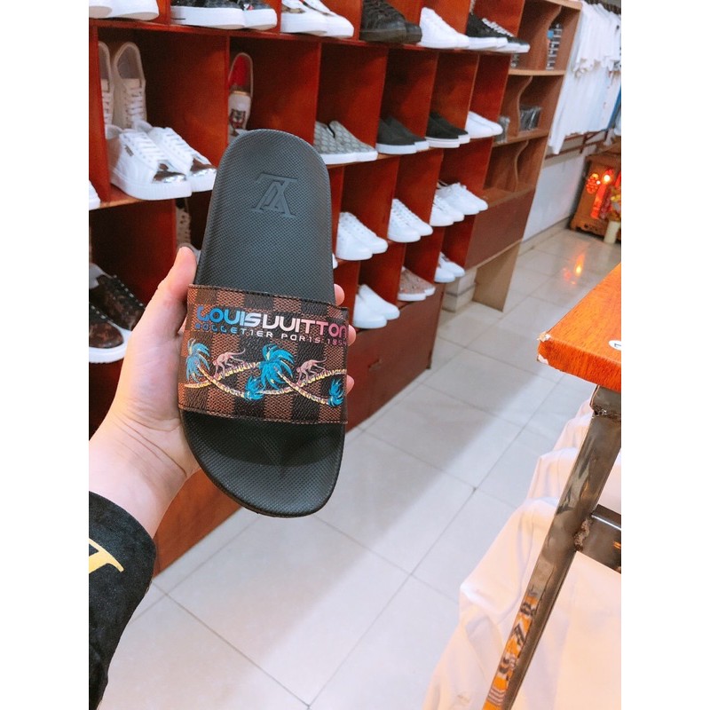 Dép Nam LV kẻ ô cây dừa 2 màu nâu xanh full size 38-43