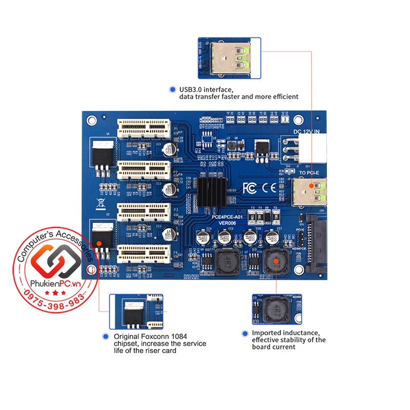 Card Riser mở rộng PCIe 1x ra 4 Port PCIe 1X lắp cùng lúc 4 card