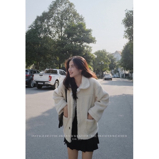  (Ảnh thật) Áo khoác lông cừu cổ bẻ cài cúc túi bên the.sweaterweather TSW