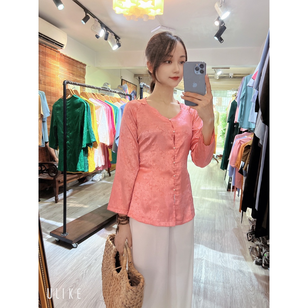 Áo đi chùa đẹp, áo bà ba lụa gấm Hàn Châu # Đồ Phật tử lụa cao cấp # bà ba vân gấm hoa sen cúc ngọc xinh AB12 Hồng phấn