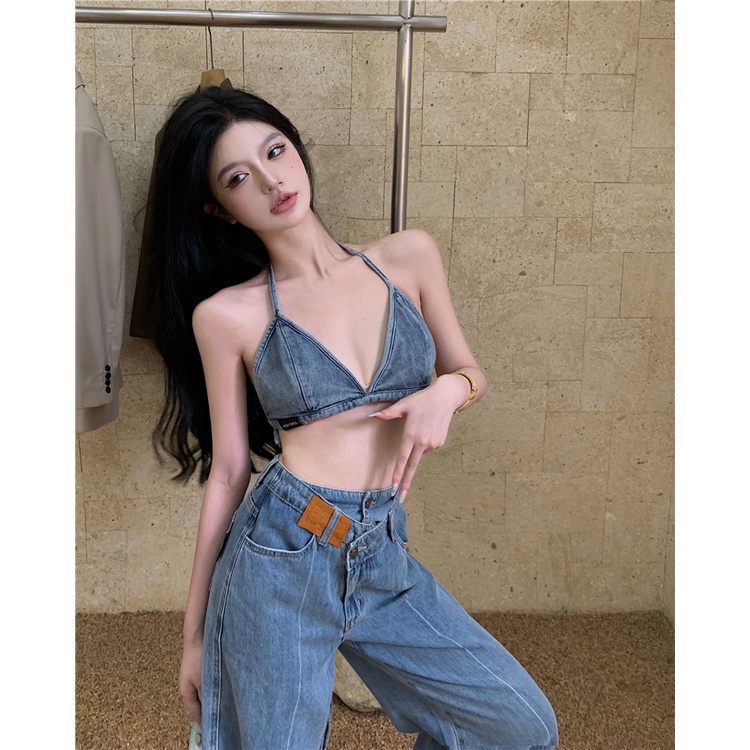 Set Áo Yếm Cột Dây Phối Quần Jean Ống Rộng Lưng Cao Phong Cách Hàn Quốc Thời Trang Mùa Hè Mới Cho Nữ