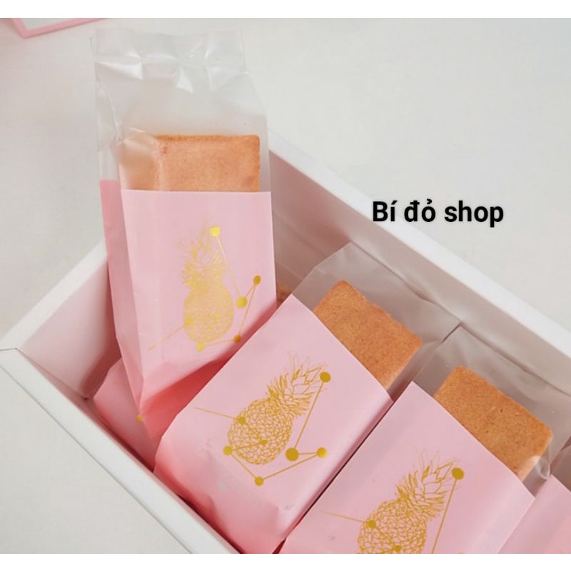 Set 50 cái túi bánh DỨA trong mờ MÀU HỒNG NHŨ VÀNG hàn miệng vừa khay dứa nhỏ, khay dứa lớn