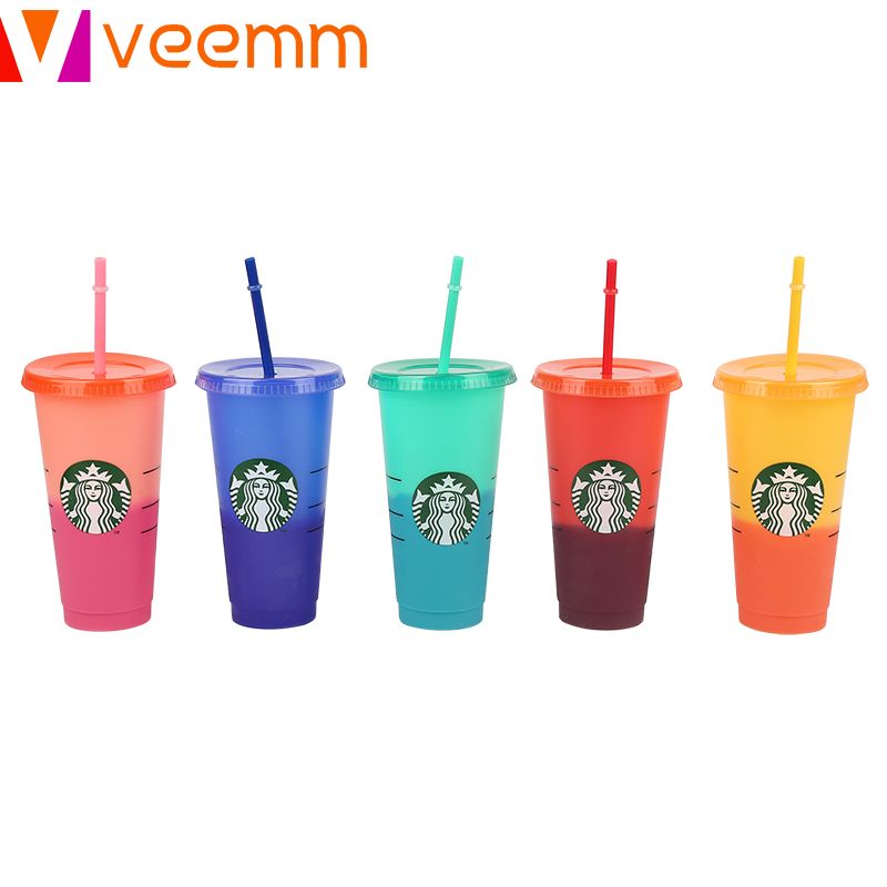 STARBUCKS Ly Uống Nước Bằng Nhựa Đổi Màu Có Nắp Đậy Dung Tích 24oz