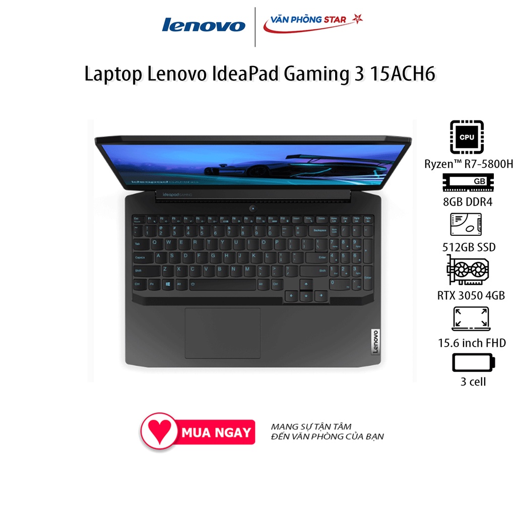 Laptop Lenovo IdeaPad Gaming 3 15ACH6 (82K2008VVN) (R7 5800H/8GB RAM/512GB SSD/15.6 FHD/RTX 3050 4GB/Win11/Đen)