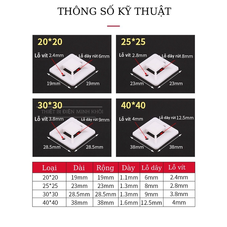 Đế Dán Dây Rút Cố Định Dây Điện, miếng dán giữ dây điện, gối đỡ lạt nhựa