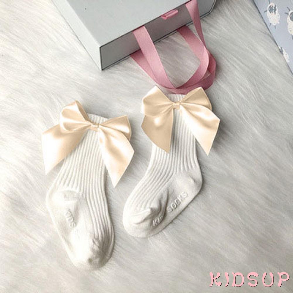 KIDSUP-Kids Cotton Socks, Baby Anti-Slip Medium Tube Socks with Bowknot for Spring Autumn