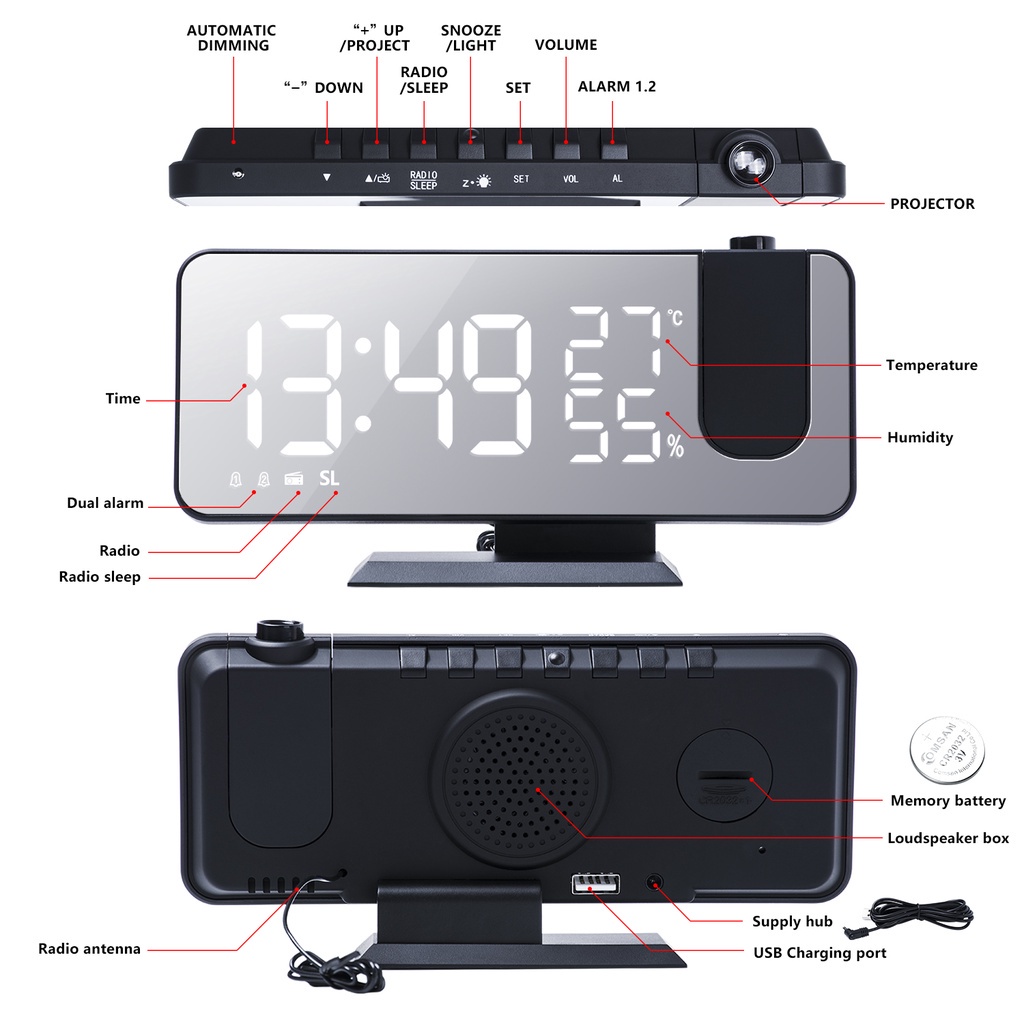 [ LED Radio projection electronic clock ][ LED Display Multi-Function Household Projector Clock ][ USB charging Operated Alarm Clock ]