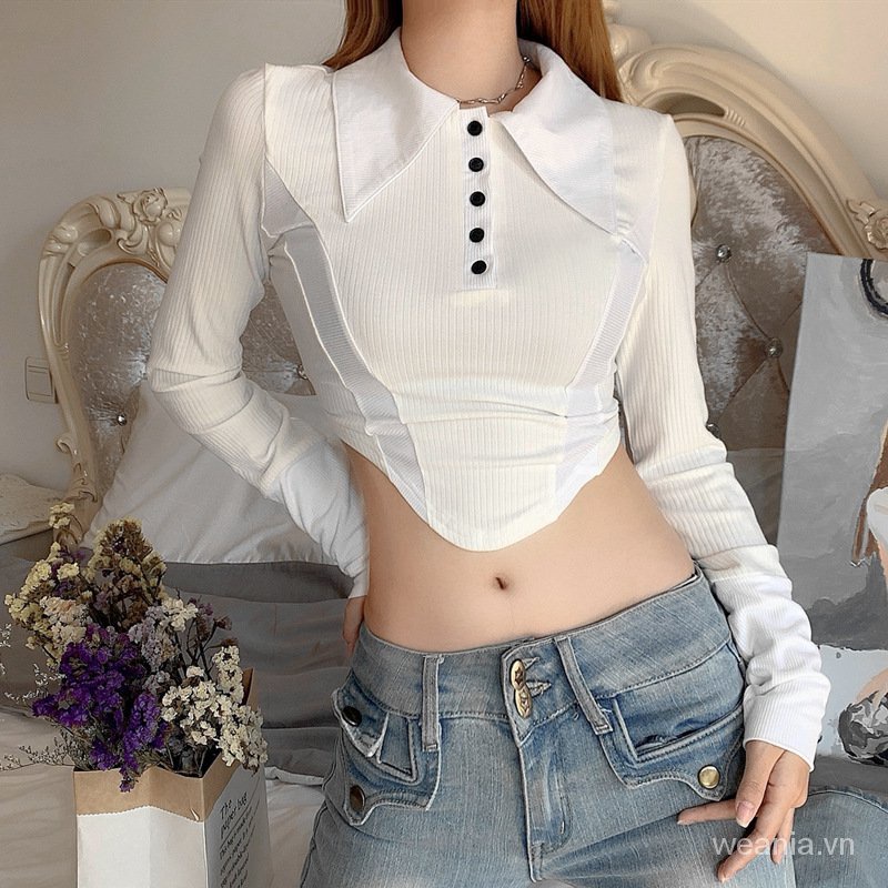 Áo thun cổ polo tay dài phối nút thiết kế độc đáo thời trang cho nữ
