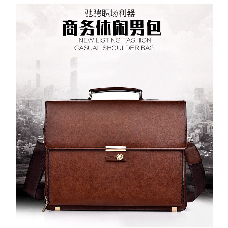 Túi xách cặp da bò khóa số công sở T51 38x30x10cm đựng laptop 14inch (Nâu-Đen) | BigBuy360 - bigbuy360.vn