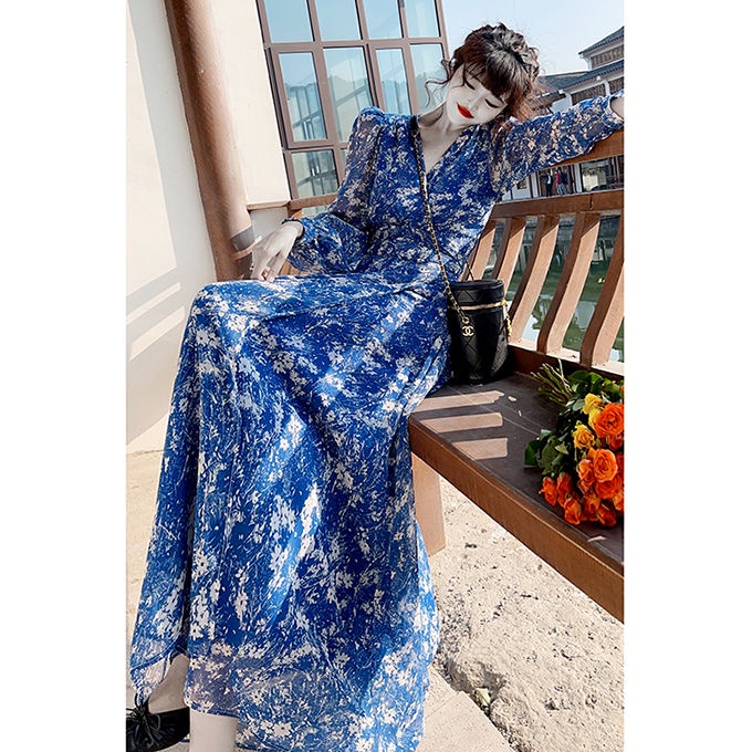 Đầm Voan Hoa Dáng Dài Cổ Chữ v Xẻ Tà Thời Trang Thanh Lịch Cho Nữ