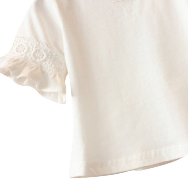 Áo Sơ Mi Phối Ren Tay Xòe Màu Trơn Thời Trang Mùa Hè Cho Bé Gái