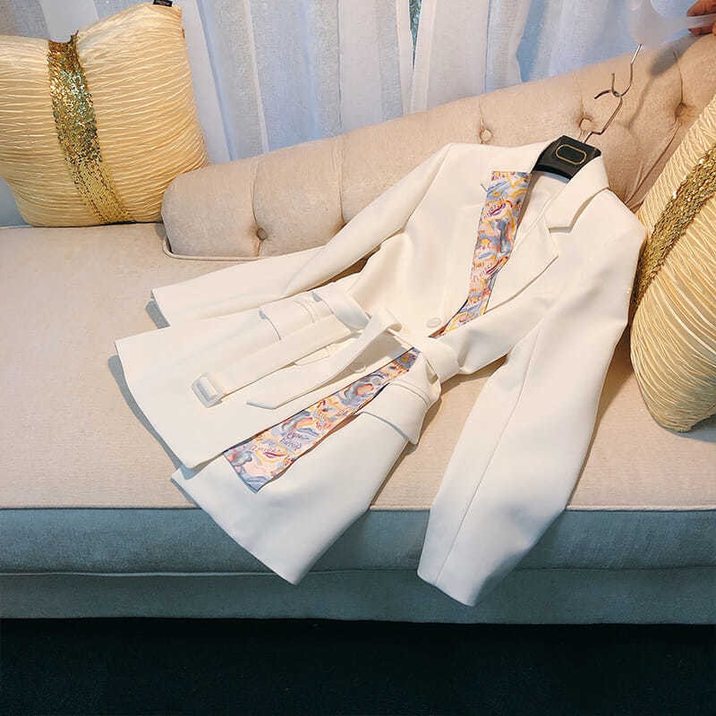 Áo blazer Vải Lụa Chất Lượng Cao Cột Dây Thắt Nơ Màu Trắng Phong Cách Pháp Chất Lượng Cao Cho Nữ
