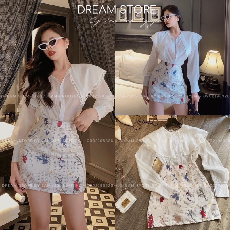 Đầm phối sơ mi tơ chạy ren cổ đức mix chân váy trắng