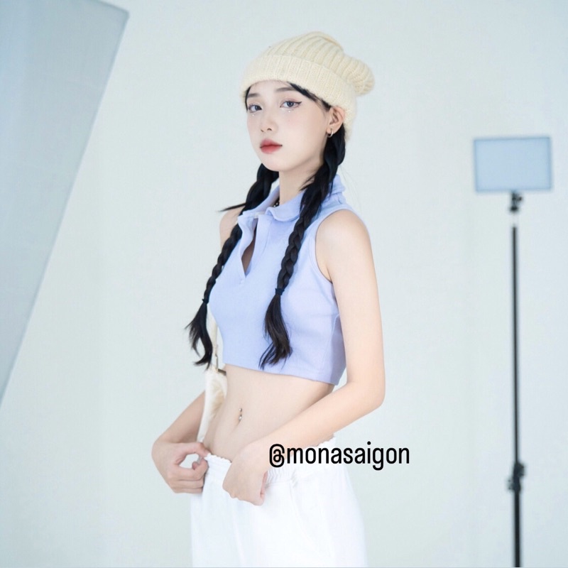 Áo croptop sơ mi thun MONÁ - PERRY TÍM