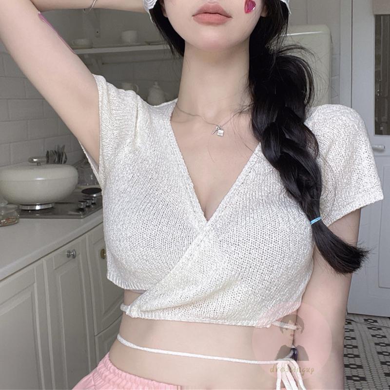 Áo Dệt Kim Ngắn Tay Cổ Chữ V Màu Trơn Thời Trang Cho Nữ