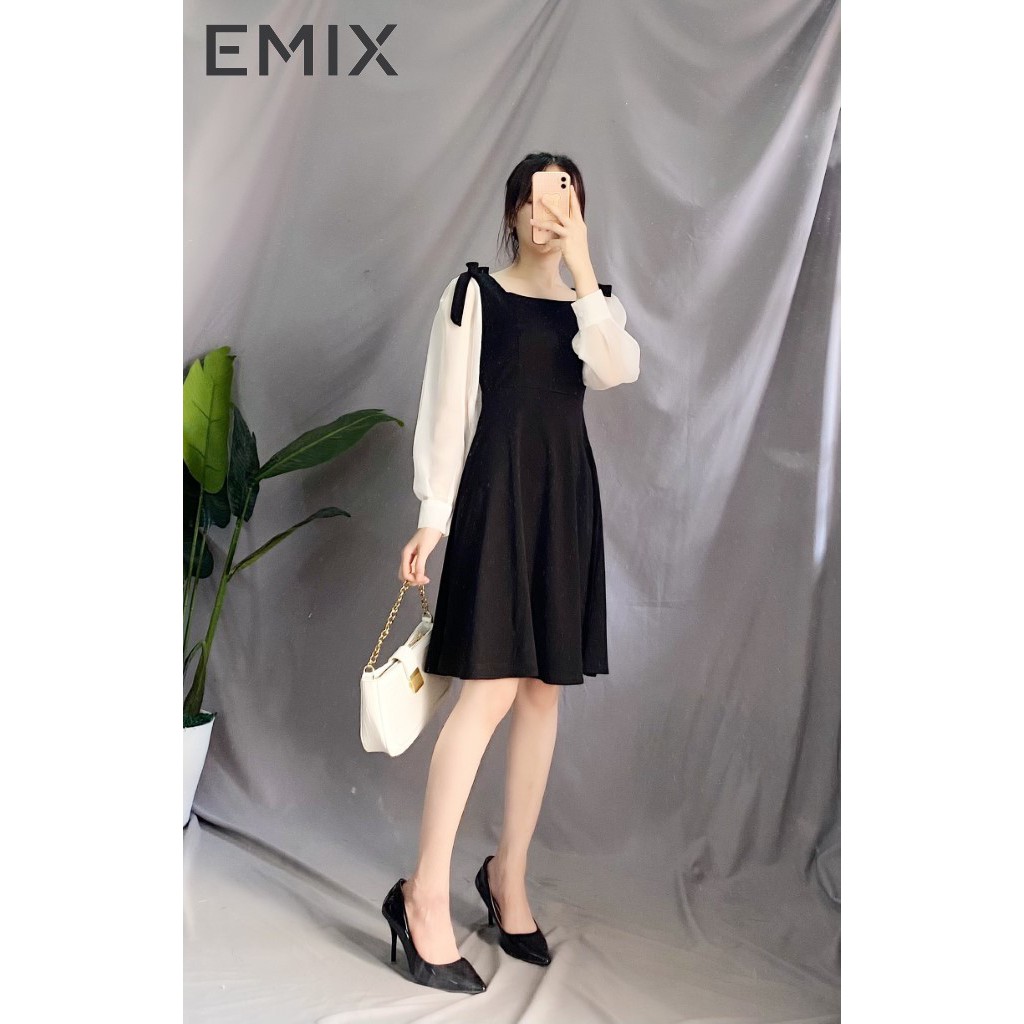 Váy đen cổ vuông nơ vai phối tay bồng trắng EMIX | WebRaoVat - webraovat.net.vn