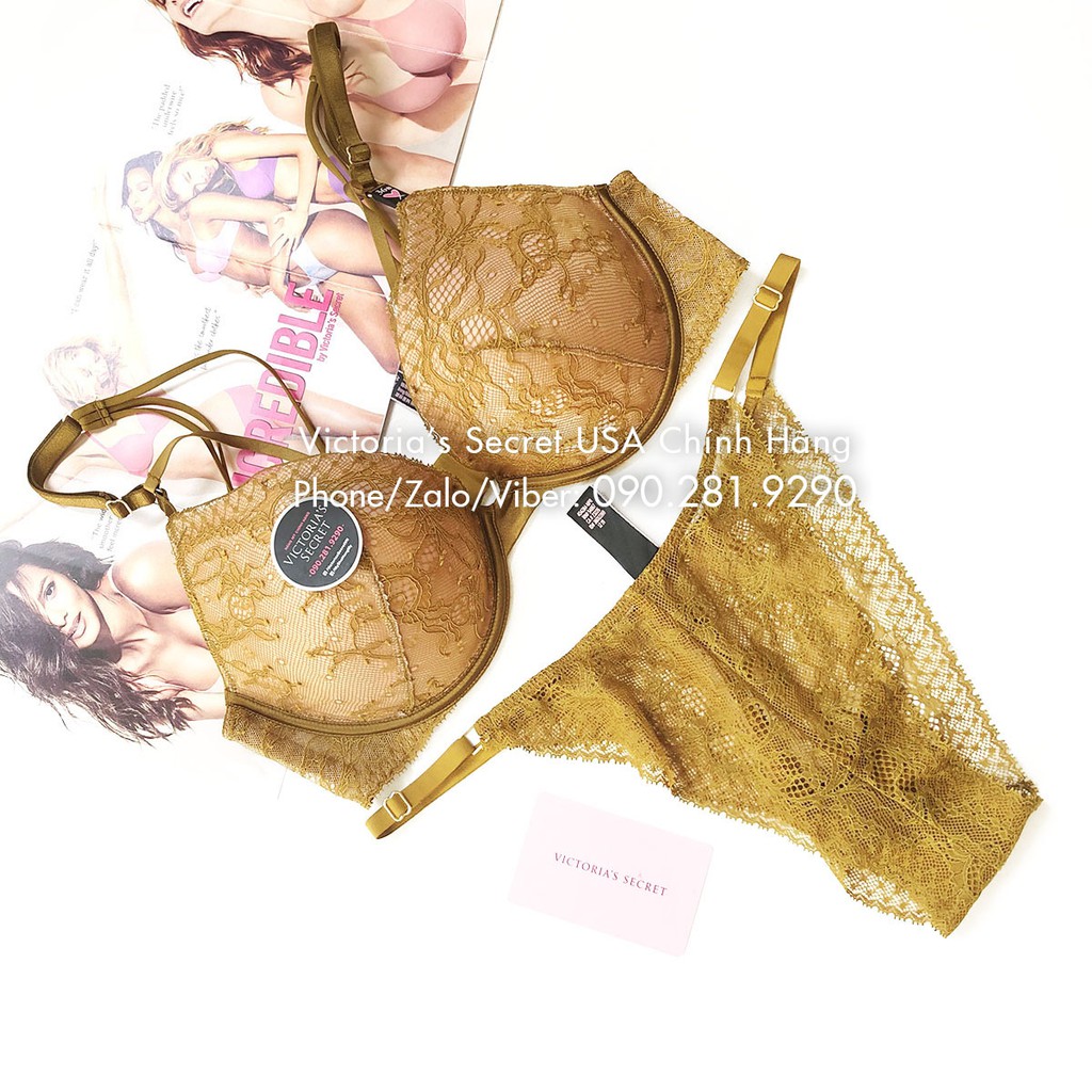 34B, B75 (Auth Mỹ) - Áo bra Vic very sexy vàng Plunge Bronzed Olive (117) nâng ngực, phối ren, lưới - Victoria's Secret